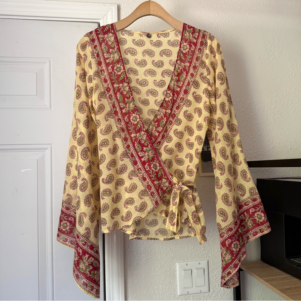 PUKA yellow soft semi sheer paisley floral cotton bell sleeve wrap top blouse